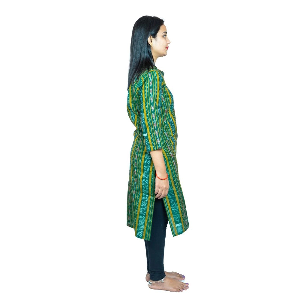 Amfyn Women's Sambalpuri Certified Handloom Pure Cotton Straight Kurti (Green)