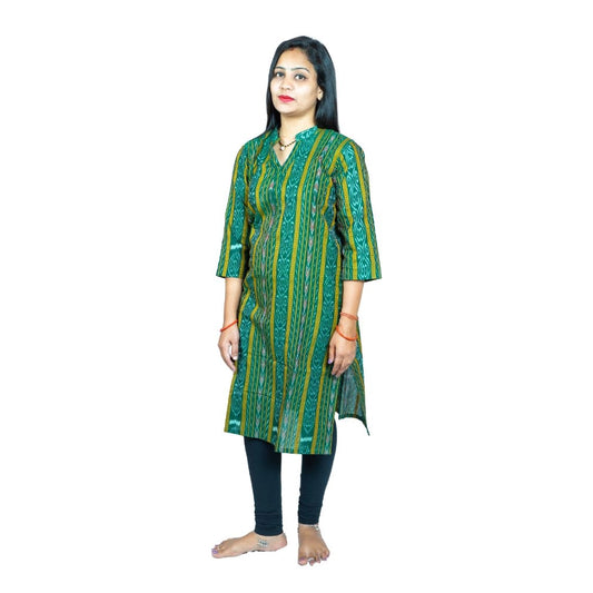 Amfyn Women's Sambalpuri Certified Handloom Pure Cotton Straight Kurti (Green)