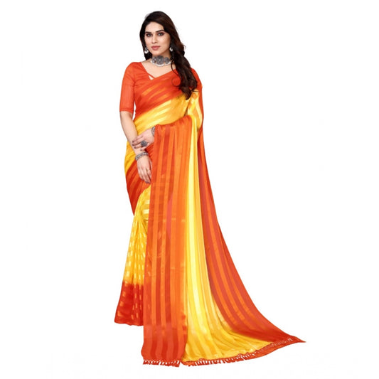 Amfyn Women's Embellished Striped Bollywood Satin Saree With Blouse (Yellow, Orange)