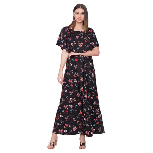 Fashion Women's Crepe Floral Half Sleeves Full Length Gown(Black)
