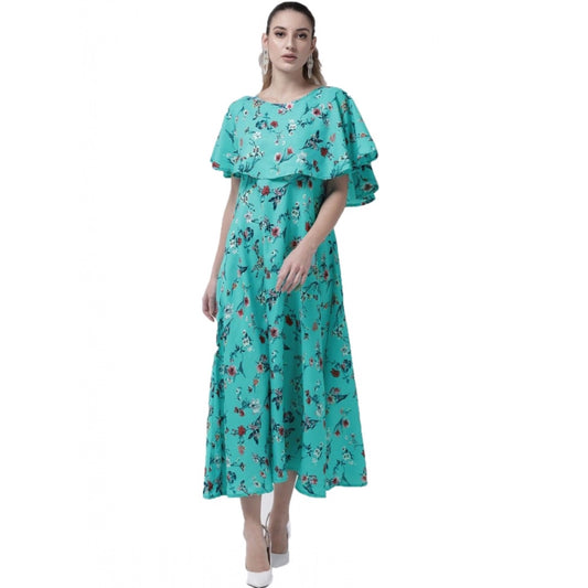 Fashion Women's Crepe Floral Half Sleeves Full Length Gown(Turquoise)