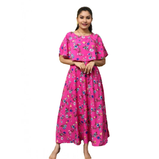 Amfyn Women's Crepe Floral Half Sleeves Full Length Gown(Pink)