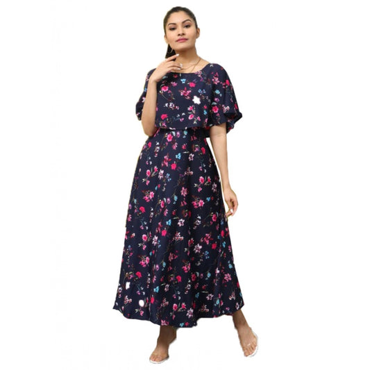 Fashion Women's Crepe Floral Half Sleeves Full Length Gown(Dark Blue)