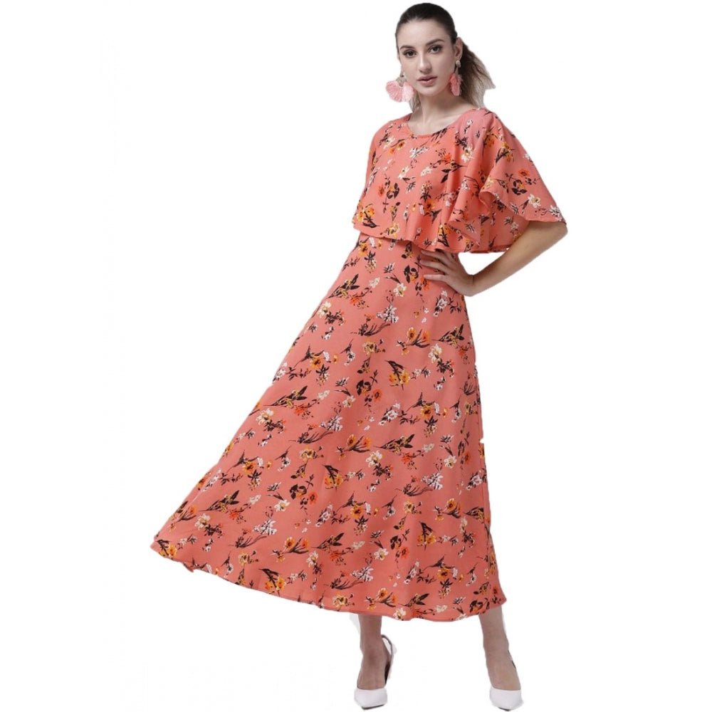 Amfyn Women's Crepe Floral Half Sleeves Full Length Gown(Orange)