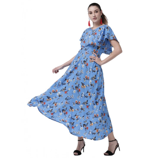 Fashion Women's Crepe Floral Half Sleeves Full Length Gown(Blue)