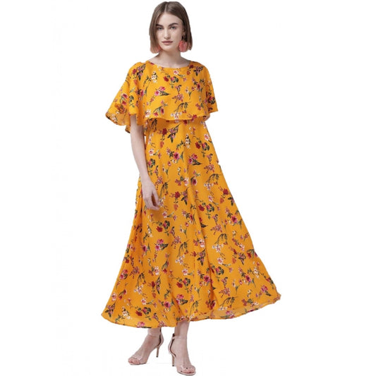 Amfyn Women's Crepe Floral Half Sleeves Full Length Gown(Yellow)