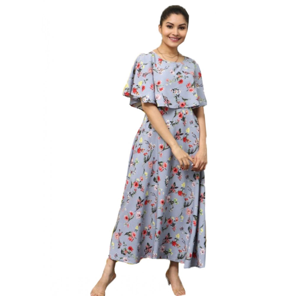 Amfyn Women's Crepe Floral Half Sleeves Full Length Gown(Light Grey)