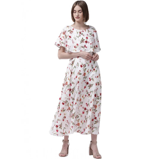 Fashion Women's Crepe Floral Half Sleeves Full Length Gown(White)