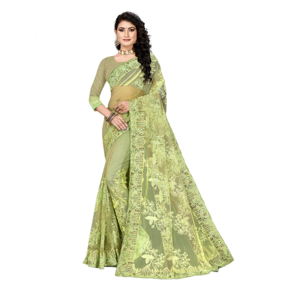 Amfyn Women's Net Saree With Blouse (Pista Green, 5-6Mtrs)