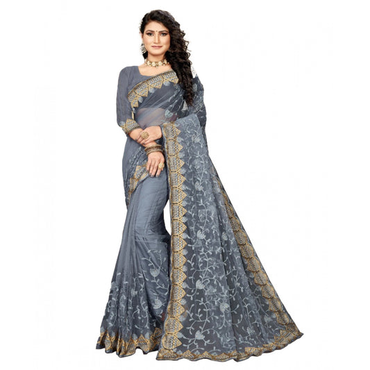 Amfyn Women's Net Saree With Blouse (Grey, 5-6Mtrs)