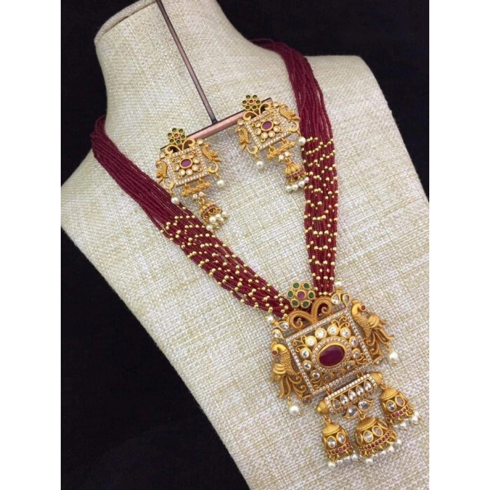 Fashion Women's Elite Moti Mala Ad Pendal Jewellery Set (Red, Free Size)