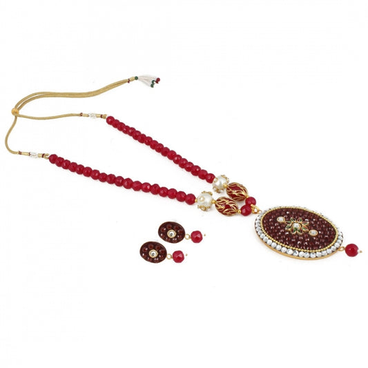 Fashion Women's Stylish Maroon Golde Plated Traditional Kundan Necklace Set with Earrings (Color: Red)