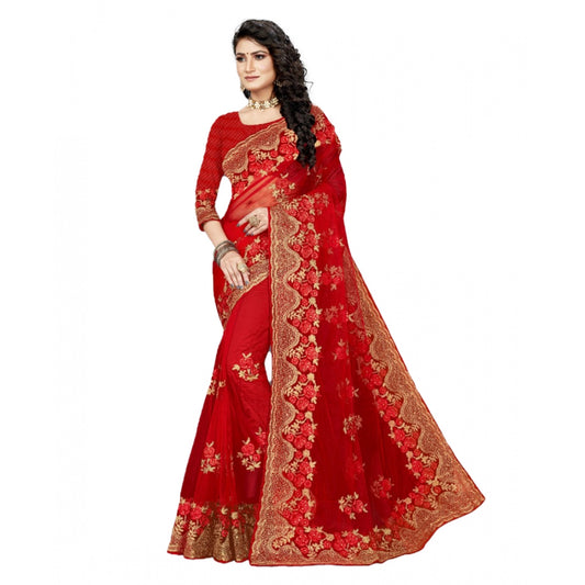 Amfyn Women's Net Saree With Blouse (Red, 5-6Mtrs)