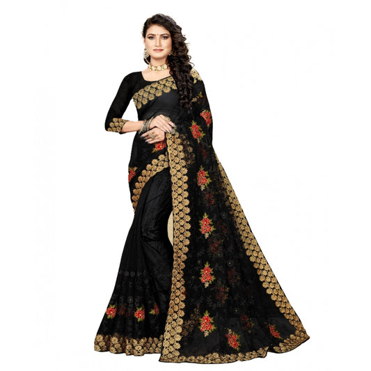 Amfyn Women's Net Saree With Blouse (Black, 5-6Mtrs)