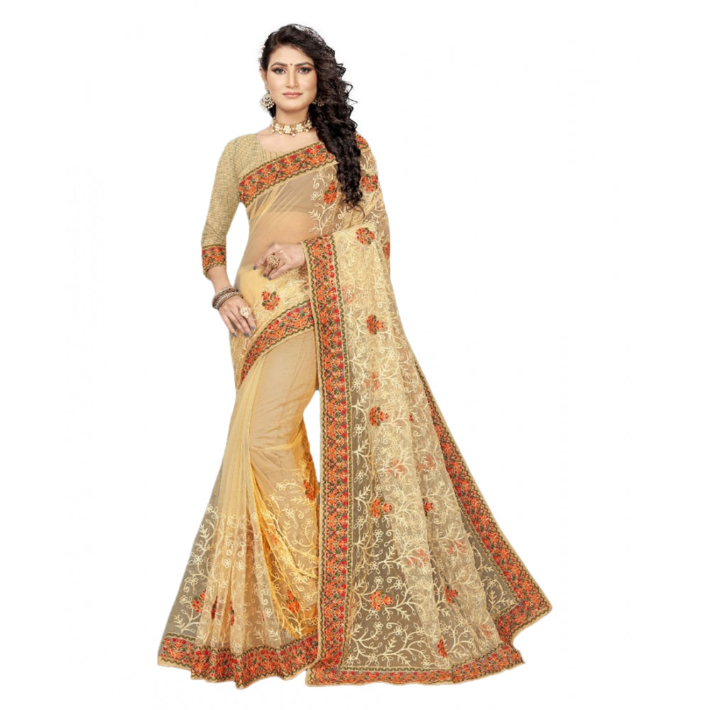 Amfyn Women's Net Saree With Blouse (Chiku, 5-6Mtrs)