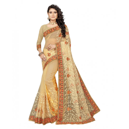 Amfyn Women's Net Saree With Blouse (Chiku, 5-6Mtrs)