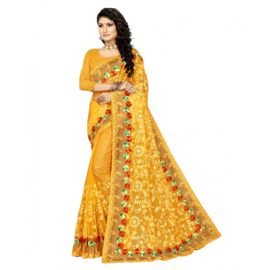 Amfyn Women's Net Saree With Blouse (Yellow, 5-6Mtrs)