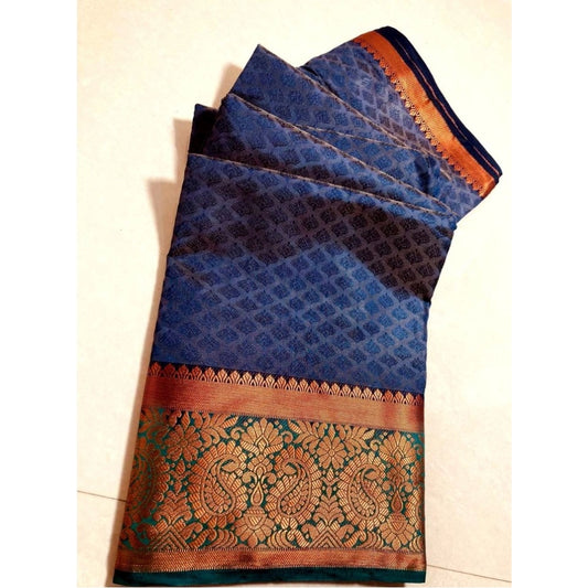 Amfyn Women's Kanjivaram Silk Saree With Unstitched Blouse Piece (Blue, 5-6 Mtrs)