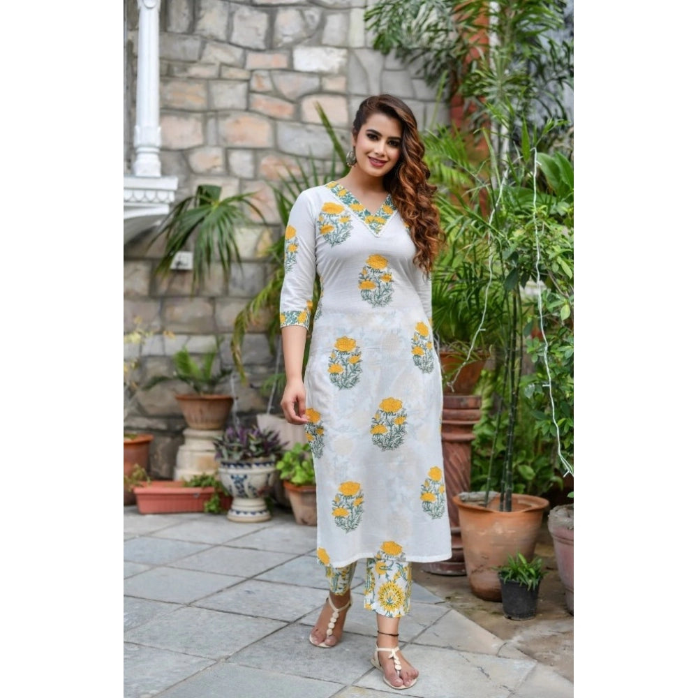 Fashion Women's Cotton Blend Printed Work Kurti With Bottom And Dupatta Set (Yellow)