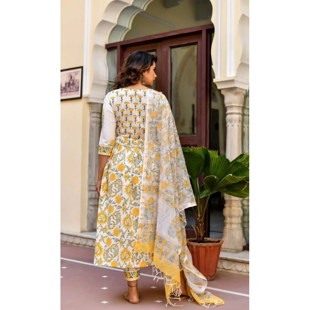 Fashion Women's Cotton Blend Printed Work Kurti With Bottom And Dupatta Set (Yellow)