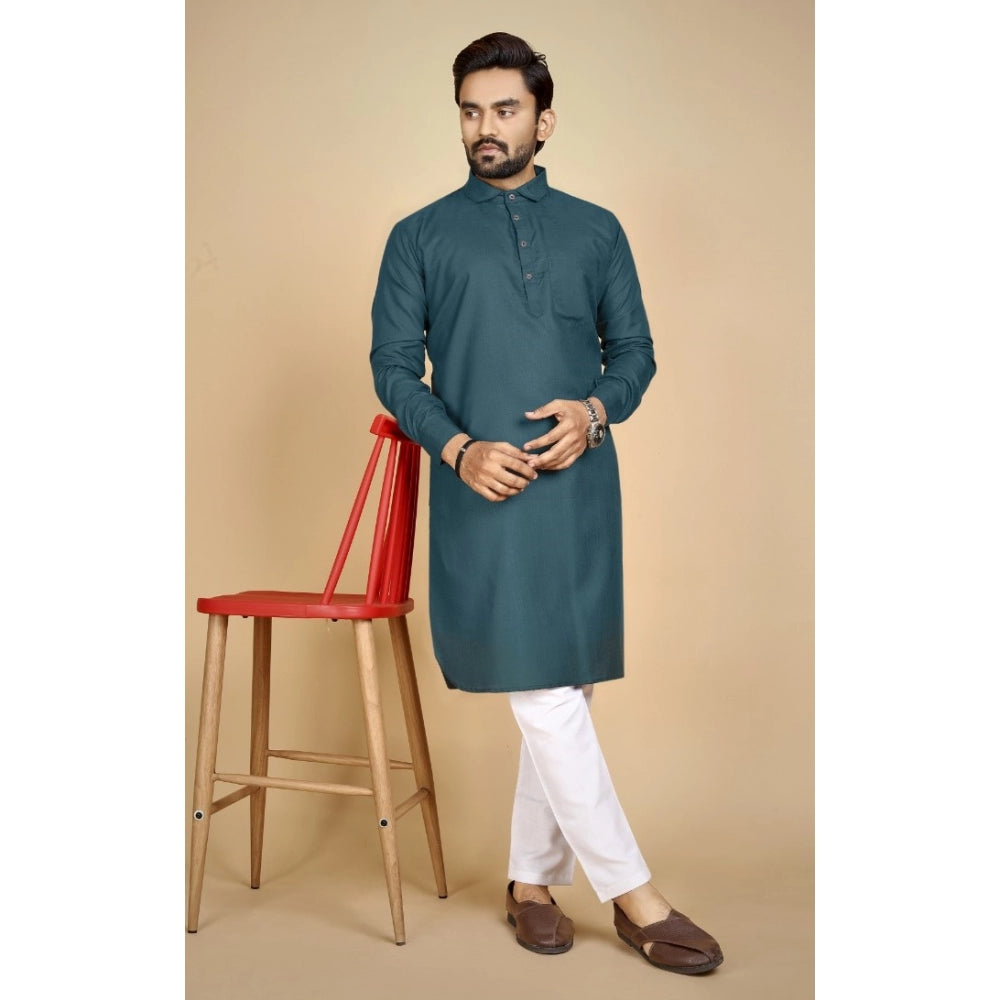 Amfyn Men's Cotton Blend Solid Full Sleeve Knee Length Kurta (Green)