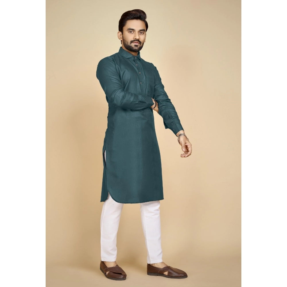 Amfyn Men's Cotton Blend Solid Full Sleeve Knee Length Kurta (Green)