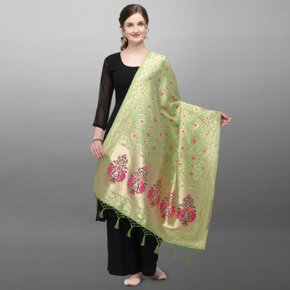 Amfyn Women's Silk Pure Zari weaving Duppatta (Light Green, Length: 2-2.3 Mtrs)