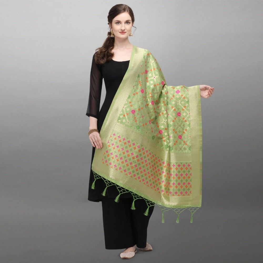 Amfyn Women's Silk Pure Zari weaving Duppatta (Light Green, Length: 2-2.3 Mtrs)