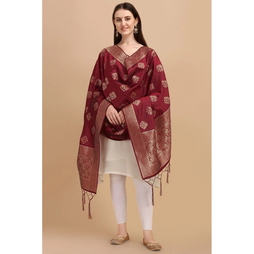 Amfyn Women's Silk Pure Zari weaving Duppatta (Maroon, Length: 2-2.3 Mtrs)