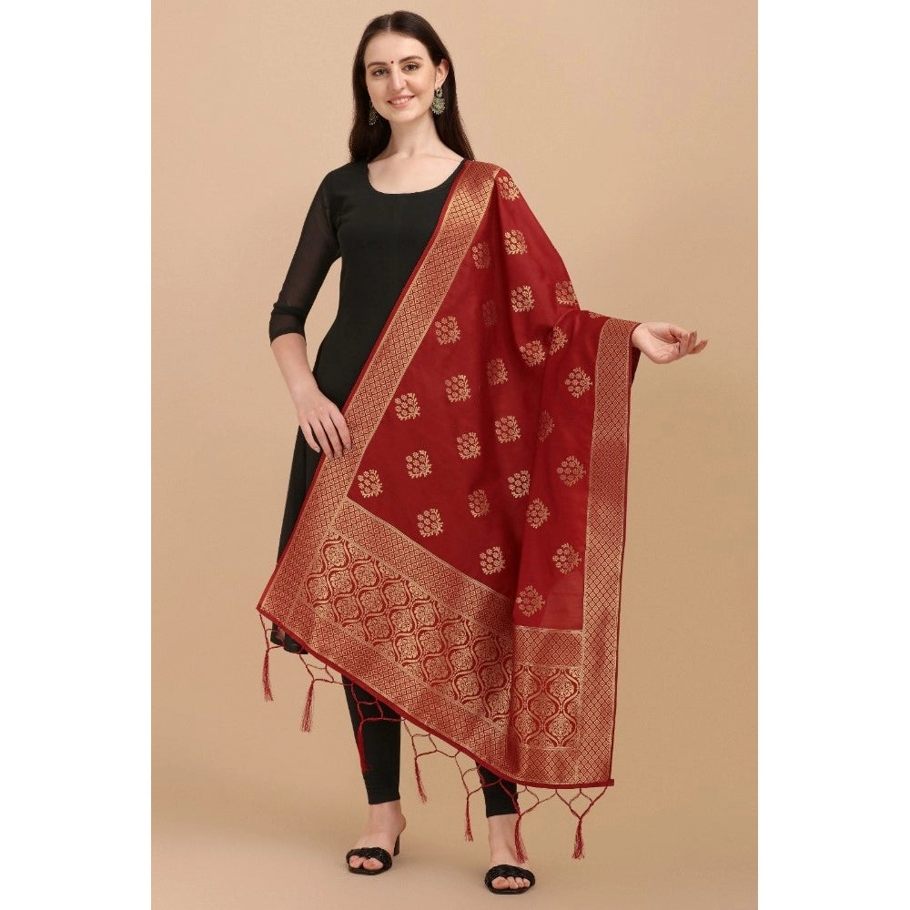 Amfyn Women's Silk Pure Zari weaving Duppatta (Maroon, Length: 2-2.3 Mtrs)