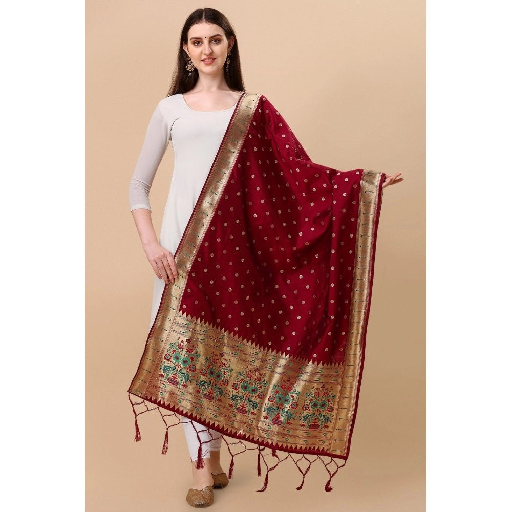 Amfyn Women's Silk Pure Zari weaving Duppatta (Maroon, Length: 2-2.3 Mtrs)