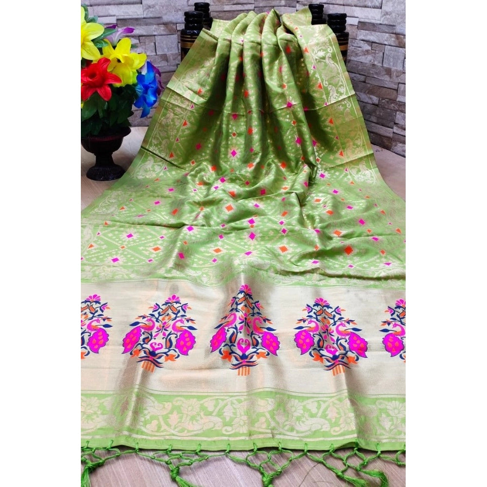 Amfyn Women's Silk Pure Zari weaving Duppatta (Light Green, Length: 2-2.3 Mtrs)