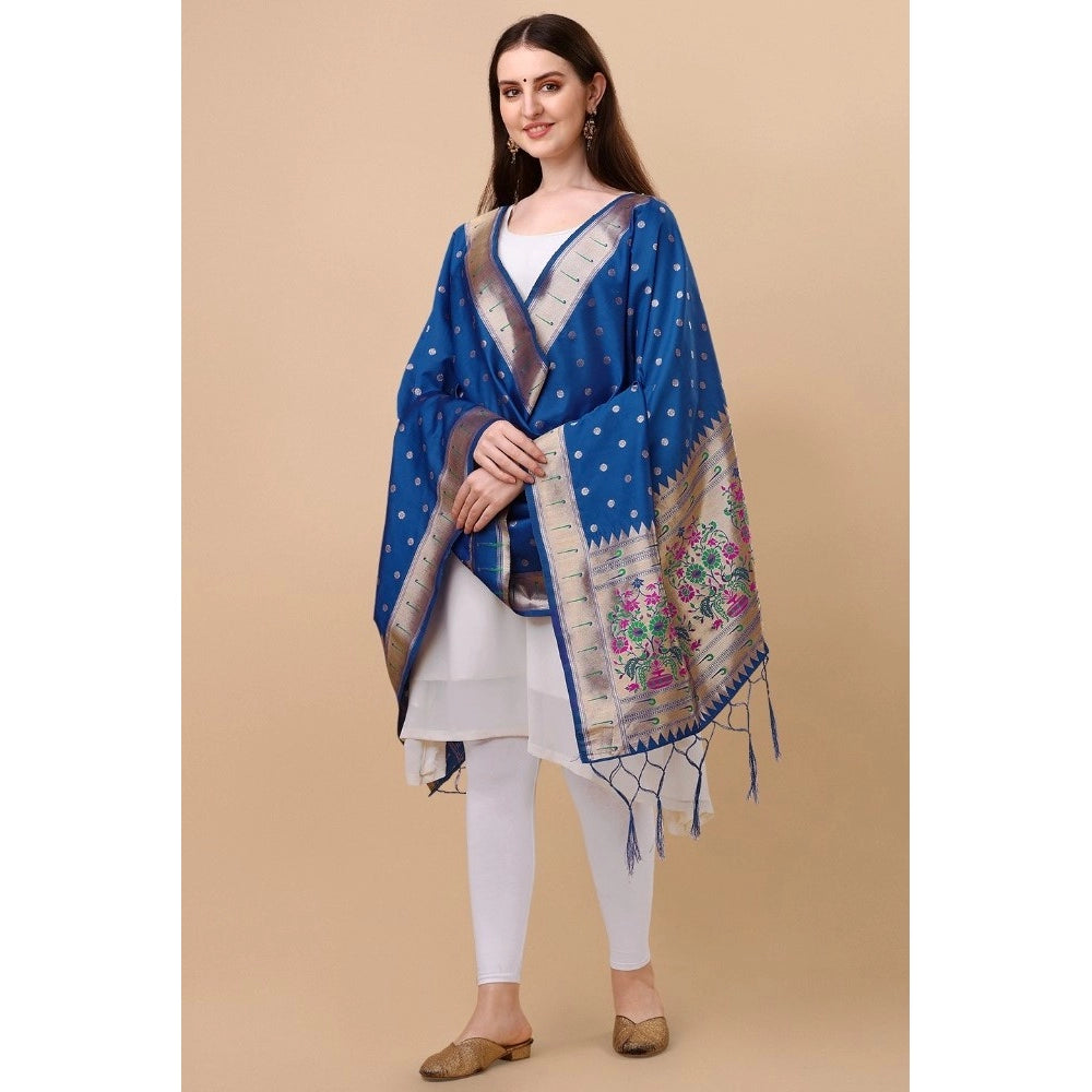 Amfyn Women's Silk Pure Zari weaving Duppatta (Blue, Length: 2-2.3 Mtrs)