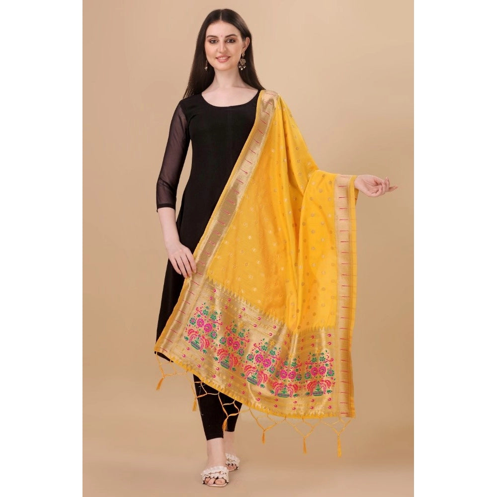 Amfyn Women's Silk Pure Zari weaving Duppatta (Yellow, Length: 2-2.3 Mtrs)