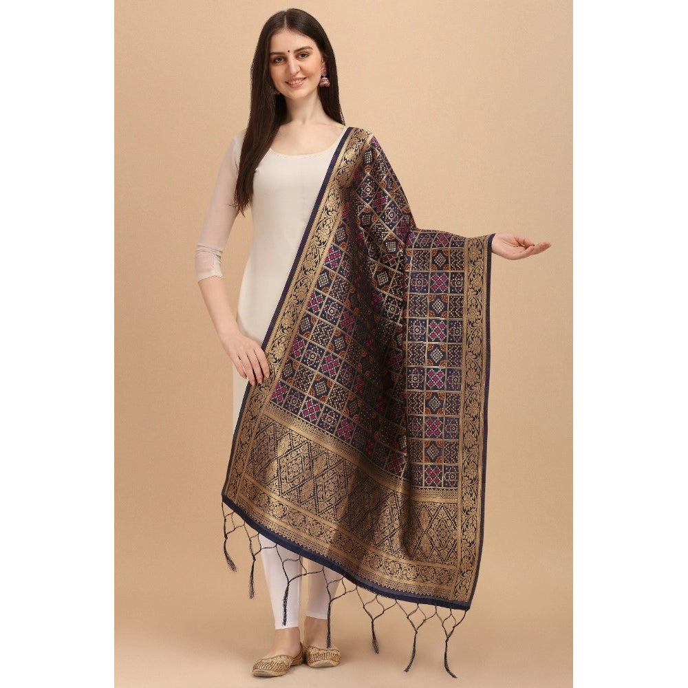 Amfyn Women's Silk Pure weaving Work Duppatta (Navy Blue, Length: 2-2.3 Mtrs)