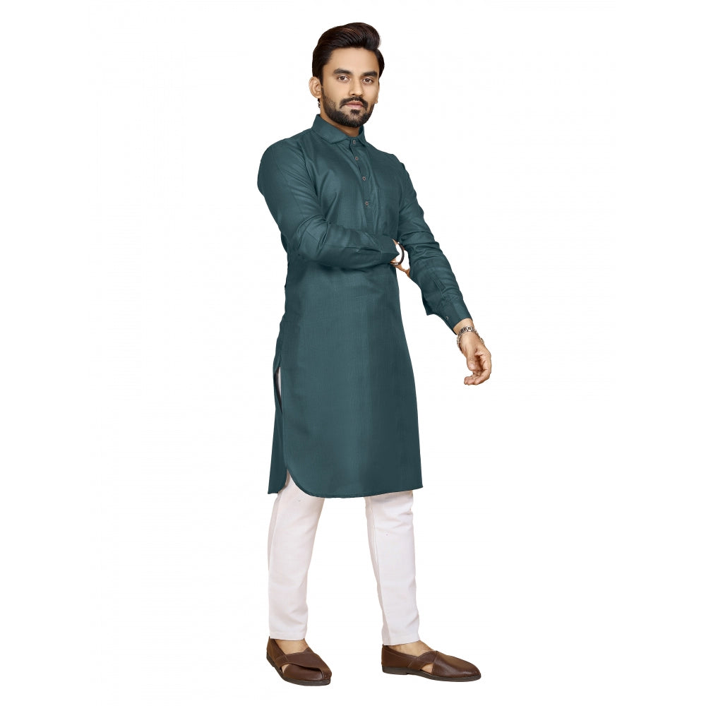 Amfyn Men's Cotton Blend Solid Full Sleeve Knee Length Kurta (Green)