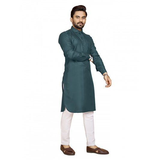 Amfyn Men's Cotton Blend Solid Full Sleeve Knee Length Kurta (Green)