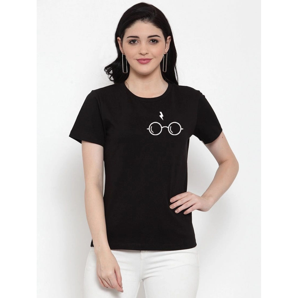 Fashion Women's Cotton Blend Left Corner Black Eye Glasses Line Art Printed T-Shirt (Black)