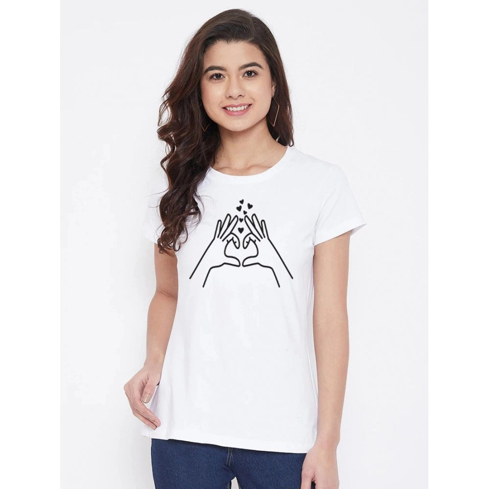 Fashion Women's Cotton Blend Heart Hands Line Art Printed T-Shirt (White)