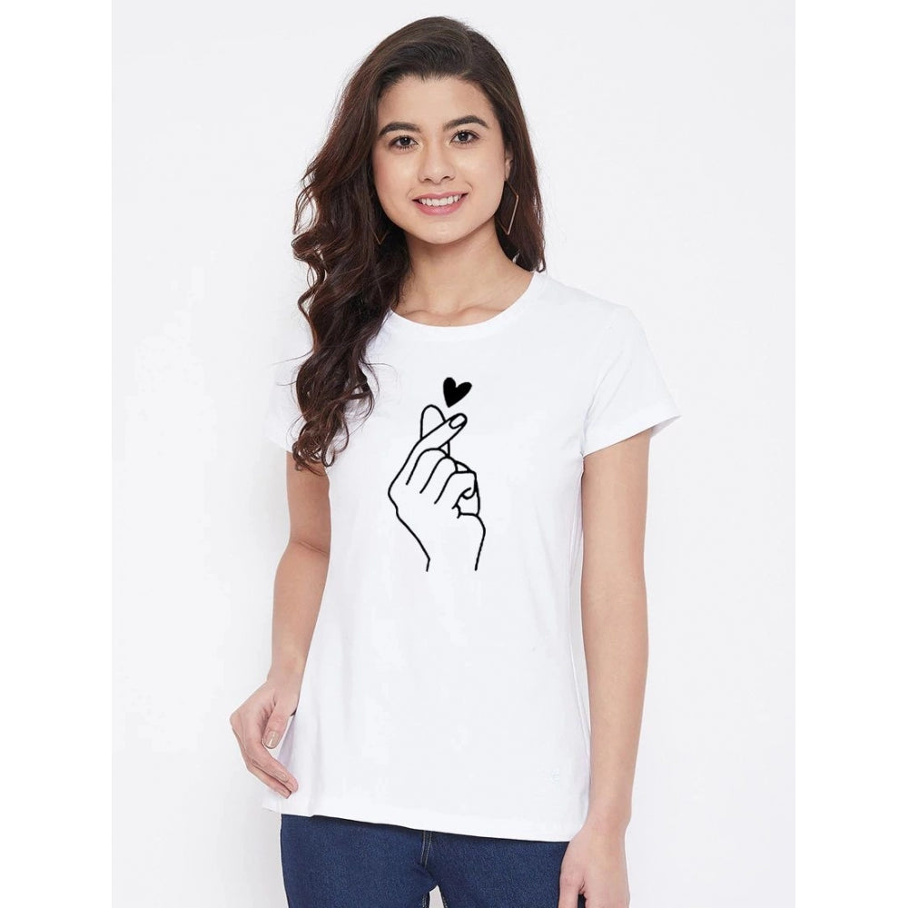 Amfyn Women's Cotton Blend Hand Heart Line Art Printed T-Shirt (White)