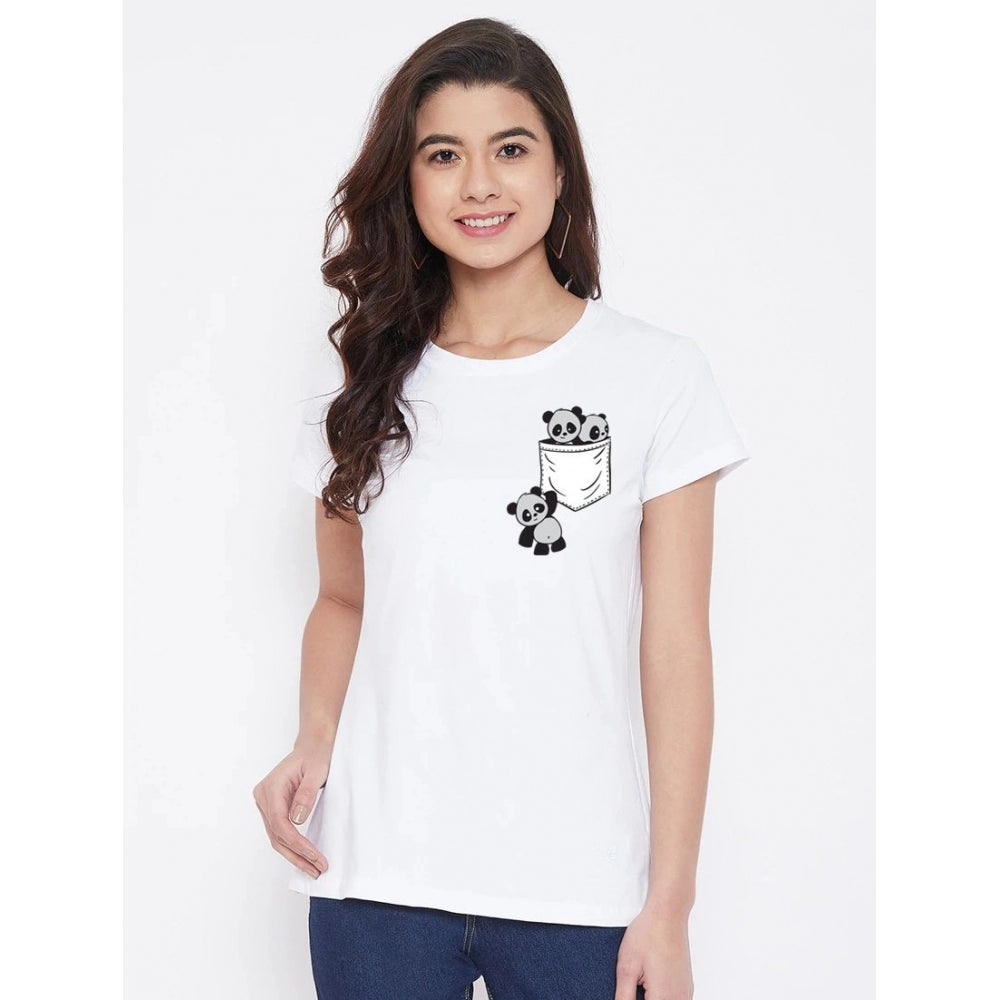 Fashion Women's Cotton Blend Pandas In My Pocket Printed T-Shirt (White)