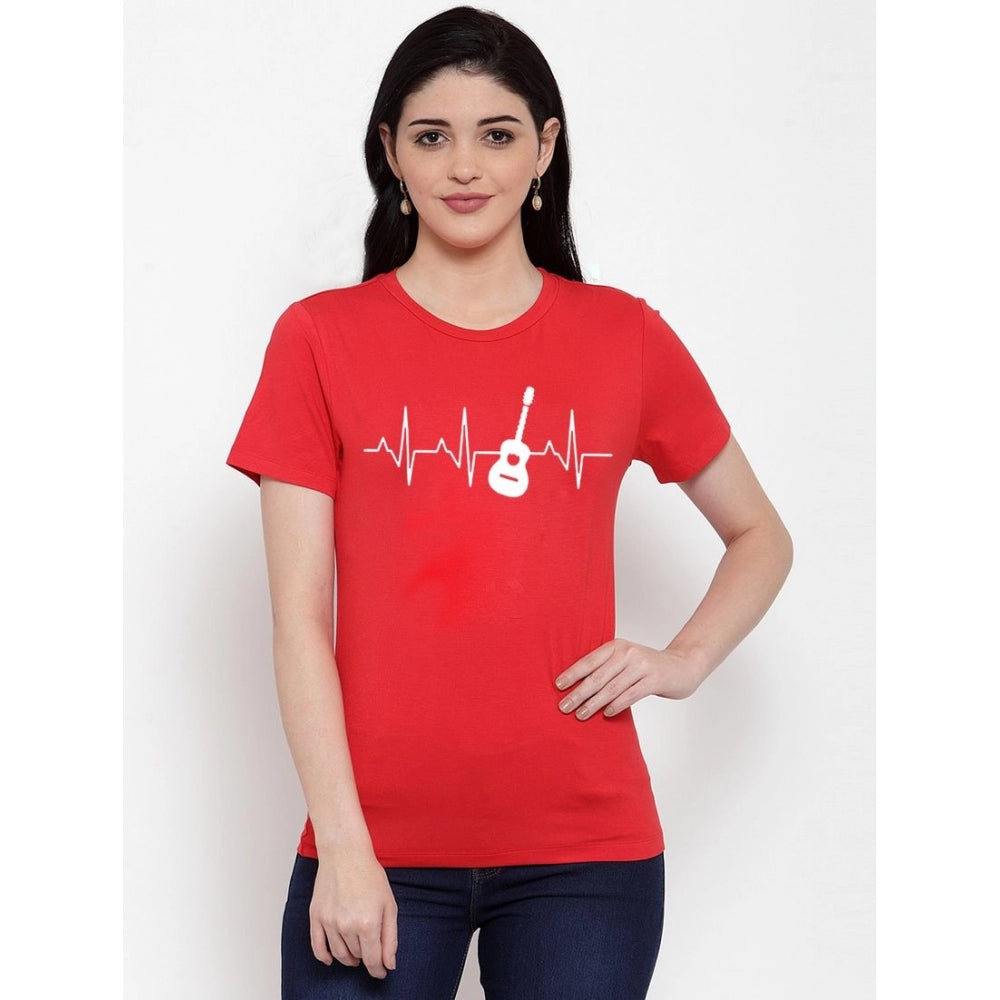 Amfyn Women's Cotton Blend Bass Guitar Heartbeat Line Art Printed T-Shirt (Red)