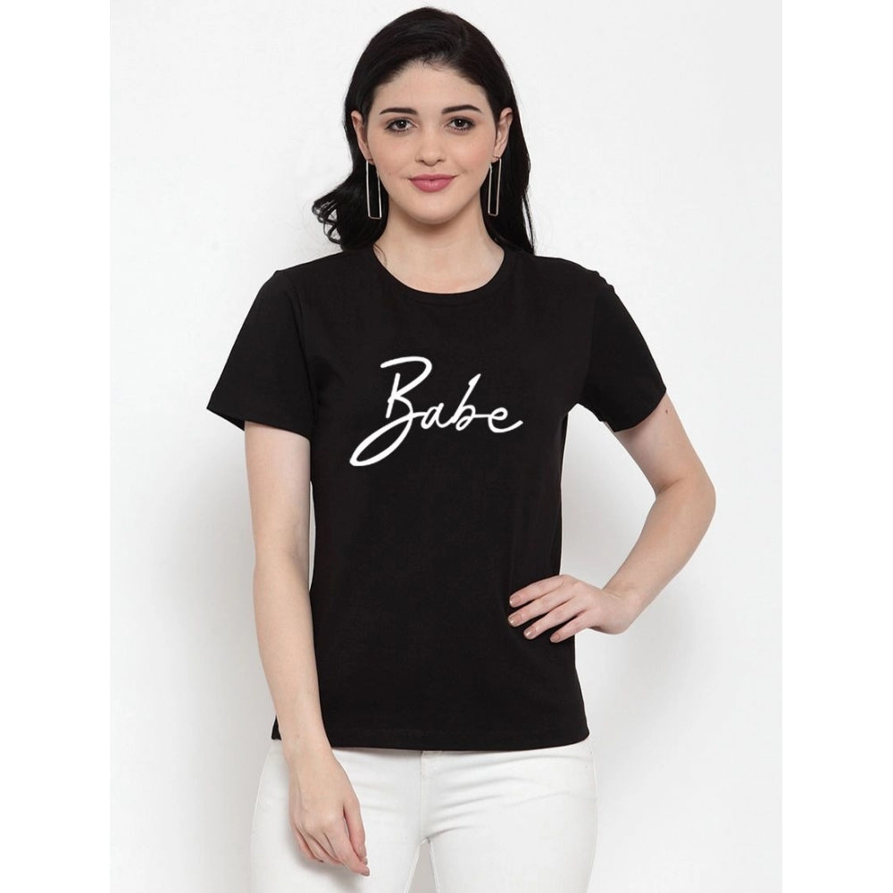 Amfyn Women's Cotton Blend Babe Printed T-Shirt (Black)