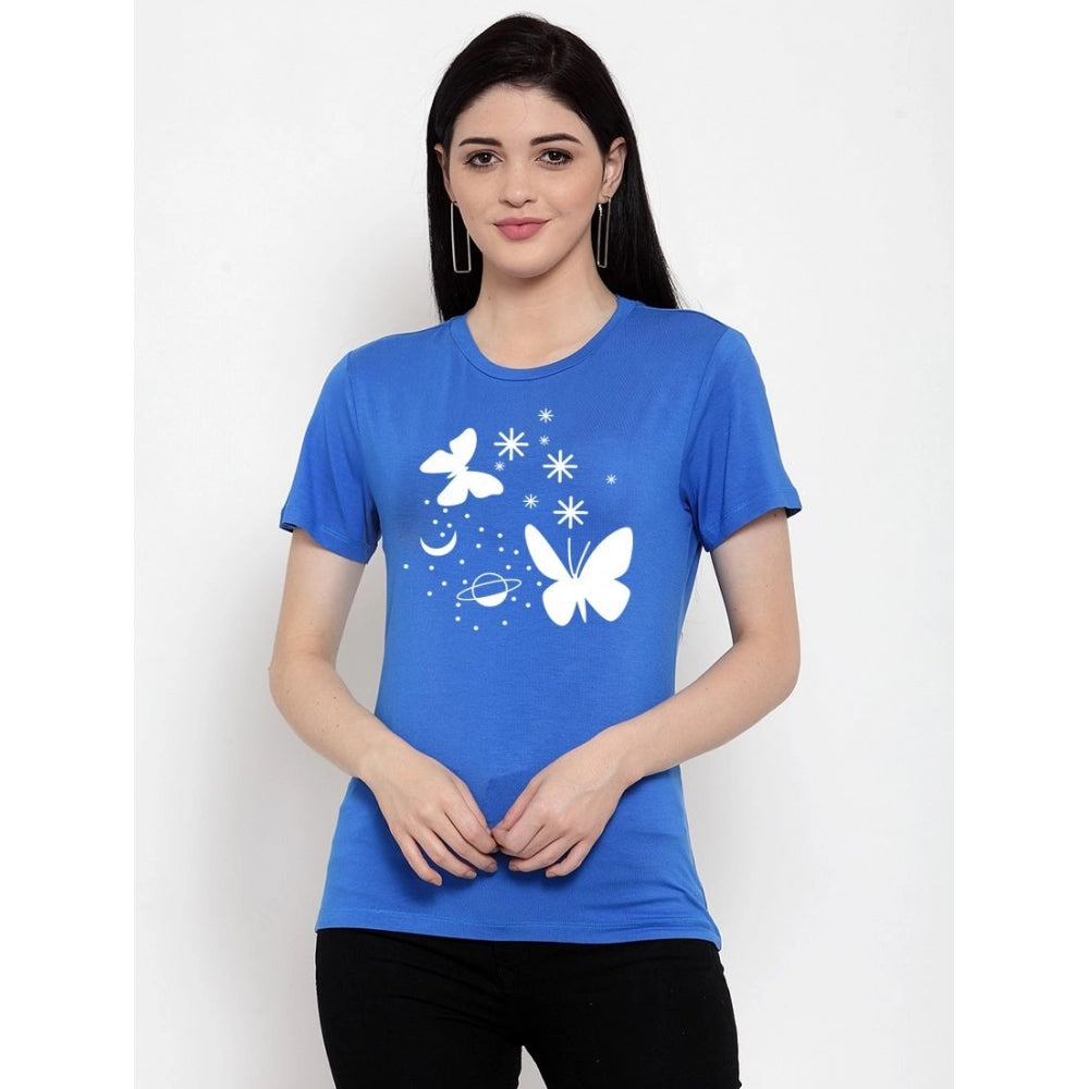 Fashion Women's Cotton Blend Butterfly With Star Printed T-Shirt (Blue)