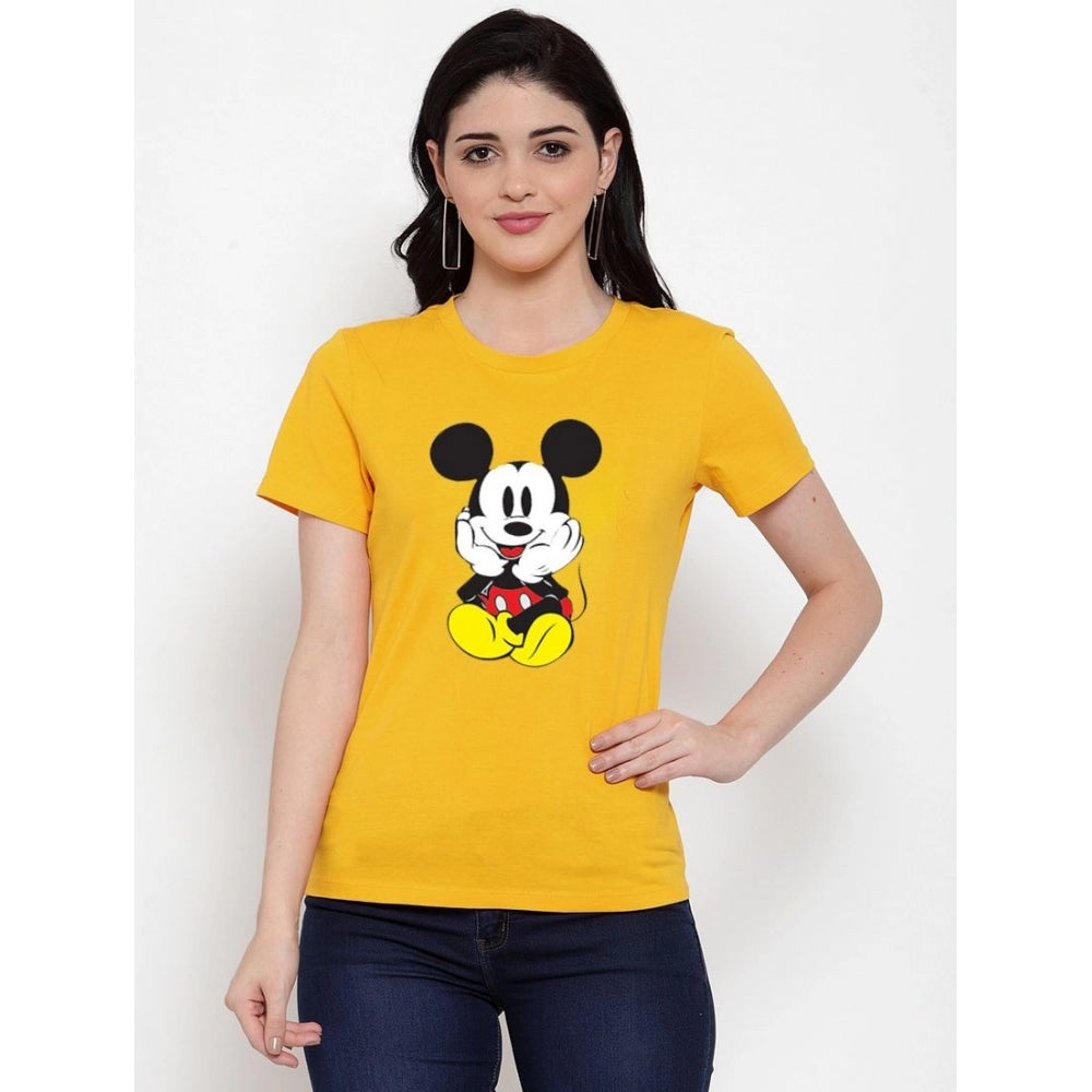 Amfyn Women's Cotton Blend Mickey Mouse Printed T-Shirt (Yellow)