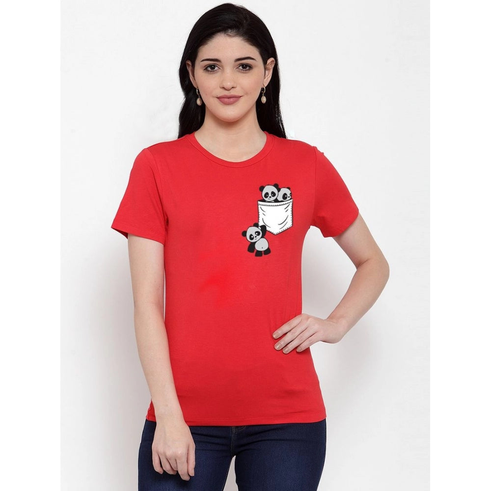 Amfyn Women's Cotton Blend Pandas In My Pocket Printed T-Shirt (Red)