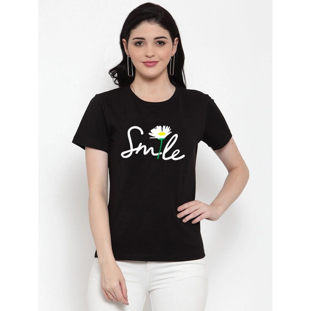 Amfyn Women's Cotton Blend Smile With Flower Printed T-Shirt (Black)