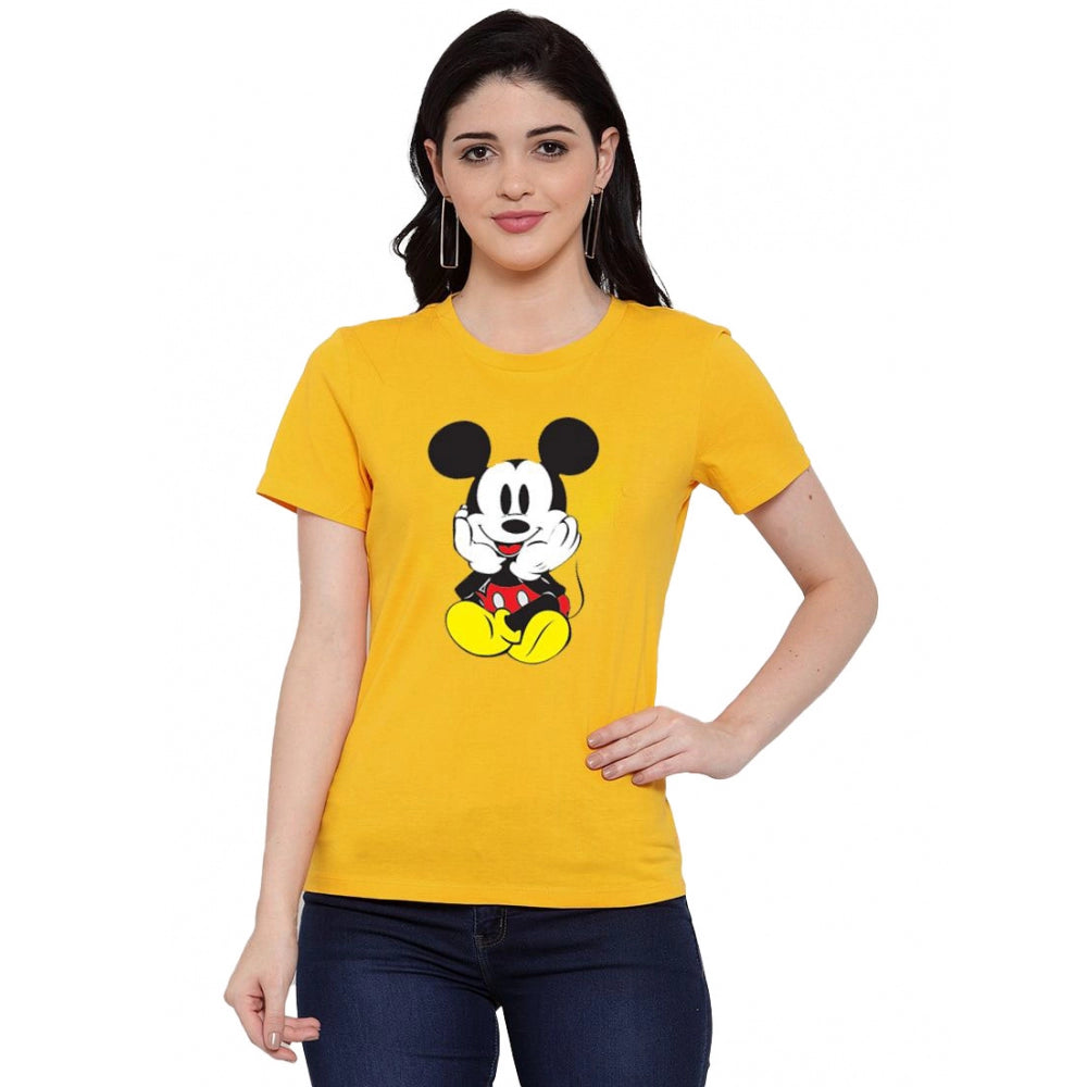 Amfyn Women's Cotton Blend Mickey Mouse Printed T-Shirt (Yellow)