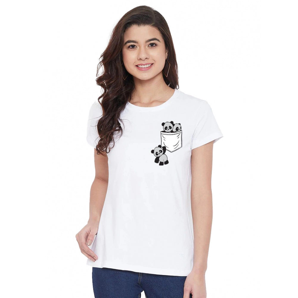 Fashion Women's Cotton Blend Pandas In My Pocket Printed T-Shirt (White)