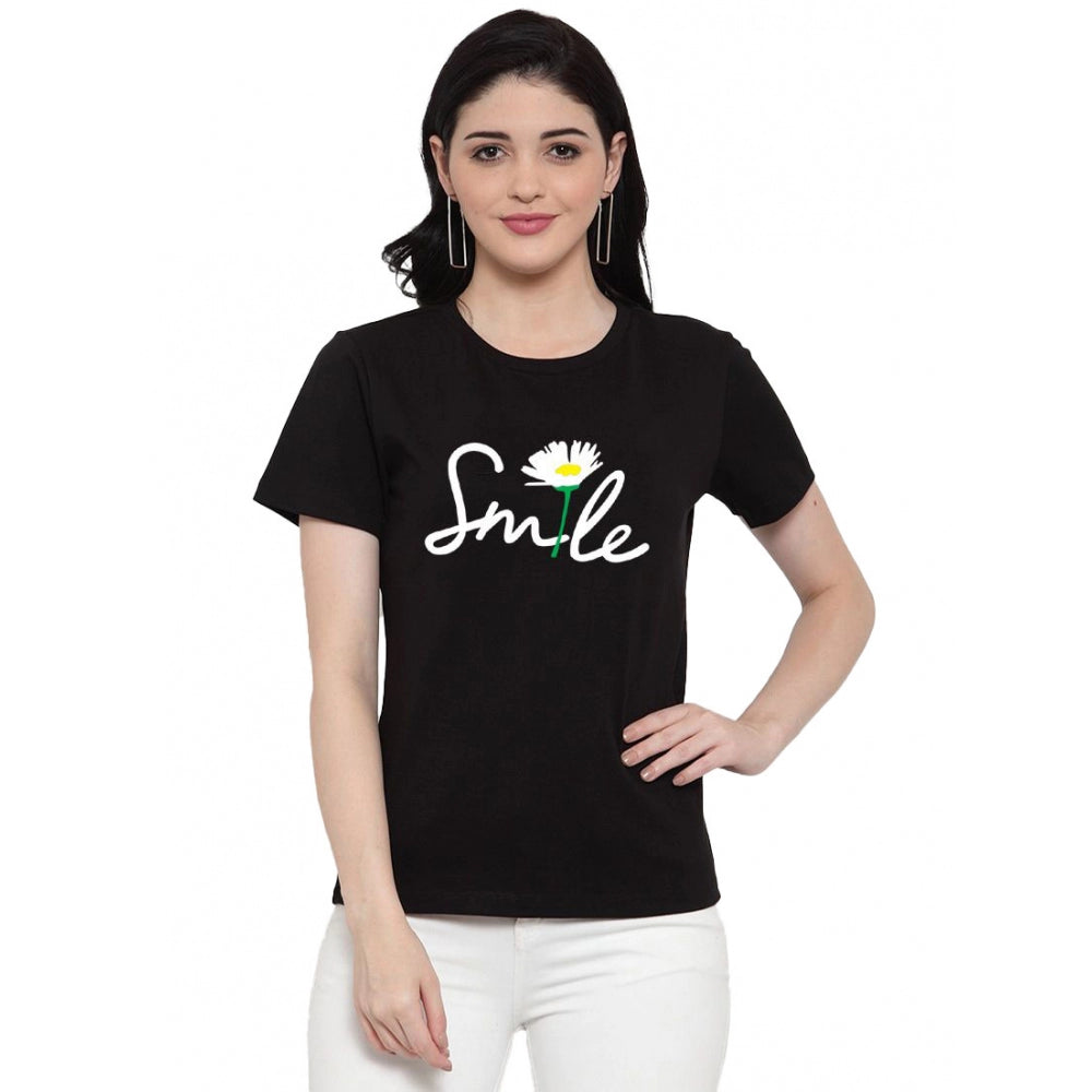 Amfyn Women's Cotton Blend Smile With Flower Printed T-Shirt (Black)